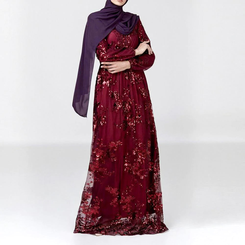 Plus Size Muslim Fashion Lace Sequin Abaya Dubai Dress For Women Turkey Robe Evening Maxi Dresses Islam Clothing Vestidos Largos - melvincucci