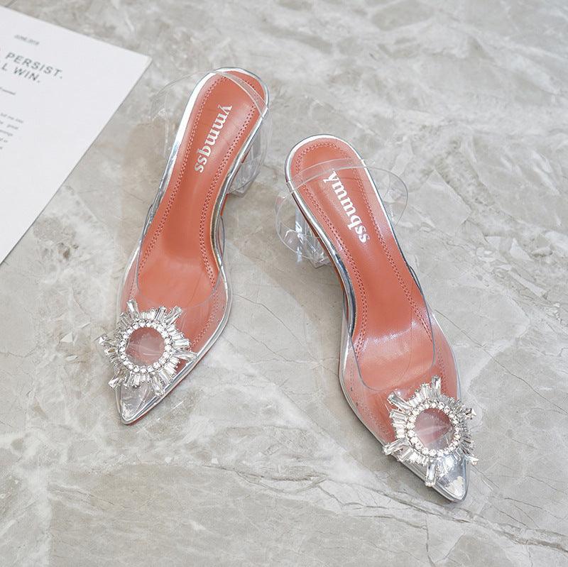 Pointed Bow Diamond Thick Heel Crystal Shallow Mouth Large Single Shoe - melvincucci