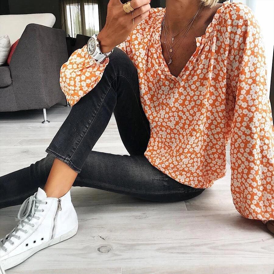 Printed Loose Long-sleeved Shirt Top T-shirt Women - melvincucci