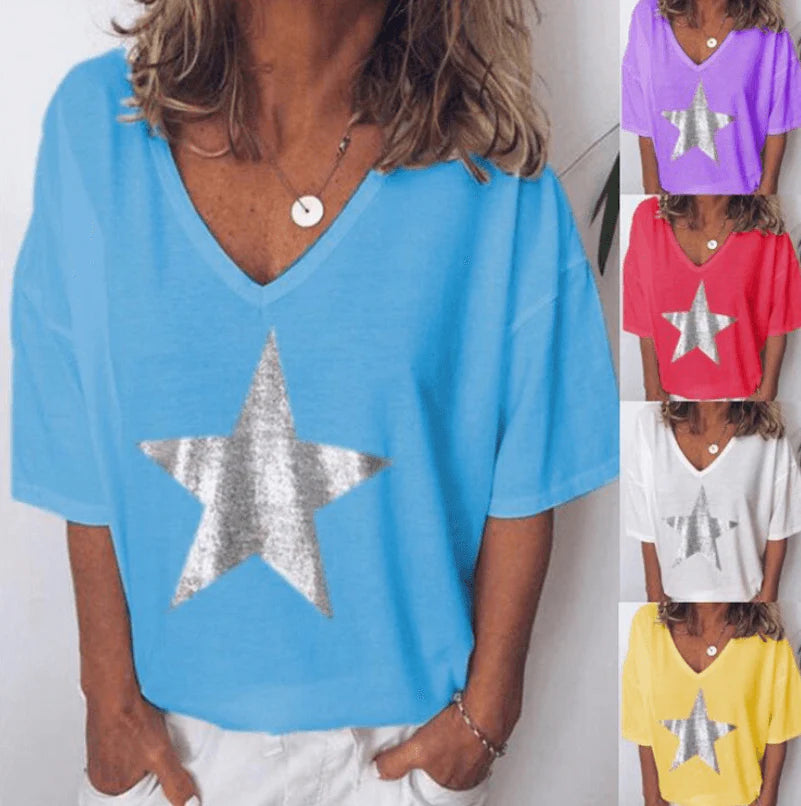 Printed Pentagram V-neck T-shirt Women - melvincucci
