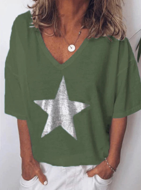 Printed Pentagram V-neck T-shirt Women - melvincucci