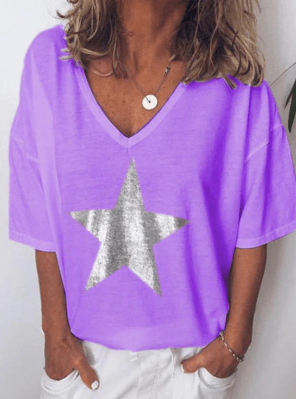 Printed Pentagram V-neck T-shirt Women - melvincucci