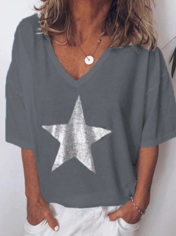 Printed Pentagram V-neck T-shirt Women - melvincucci