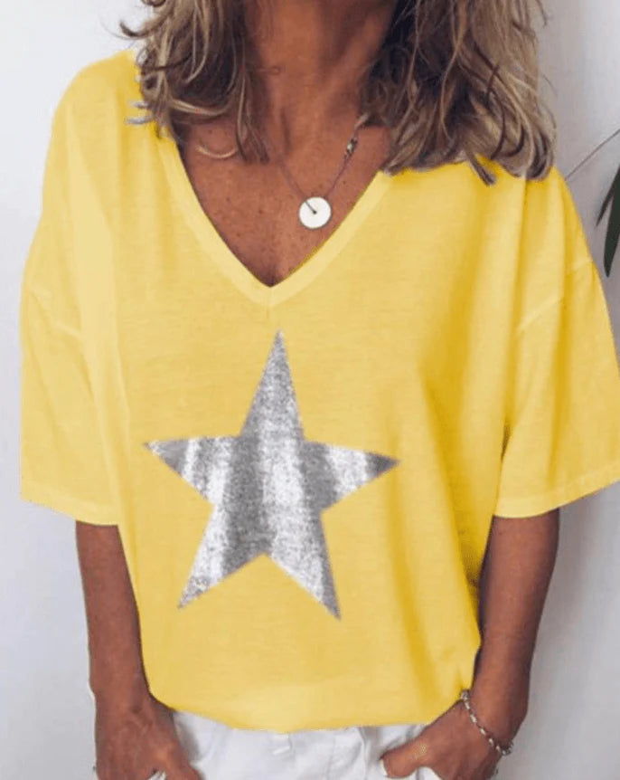 Printed Pentagram V-neck T-shirt Women - melvincucci