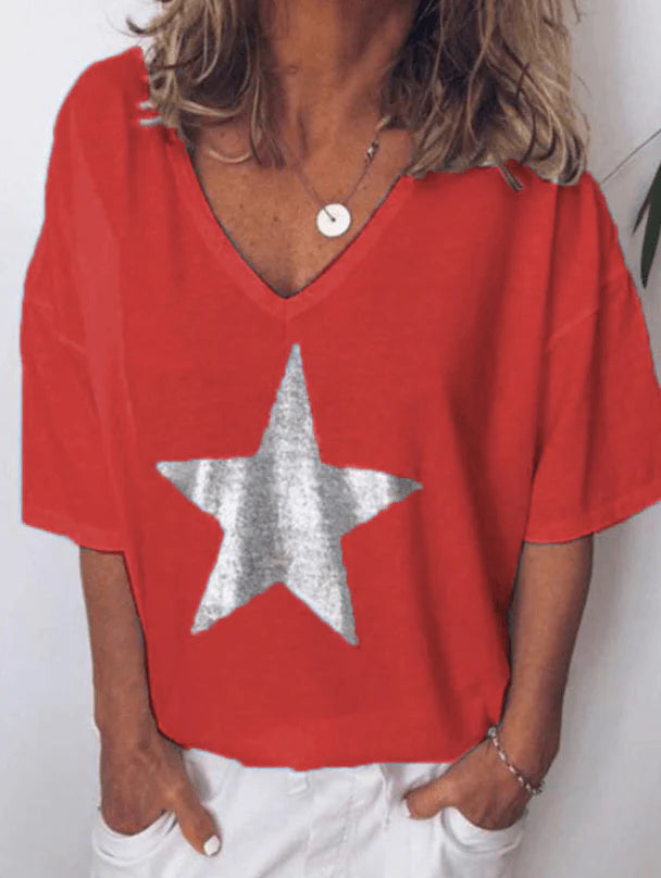 Printed Pentagram V-neck T-shirt Women - melvincucci