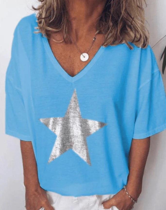 Printed Pentagram V-neck T-shirt Women - melvincucci