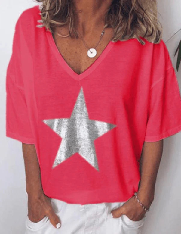 Printed Pentagram V-neck T-shirt Women - melvincucci