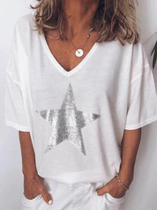 Printed Pentagram V-neck T-shirt Women - melvincucci