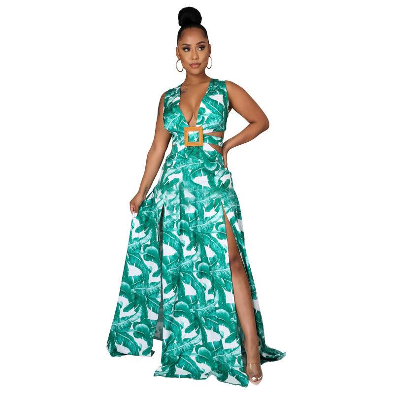 Printed Sexy Sling Dress Long Skirt Women Irregular Skirt - melvincucci