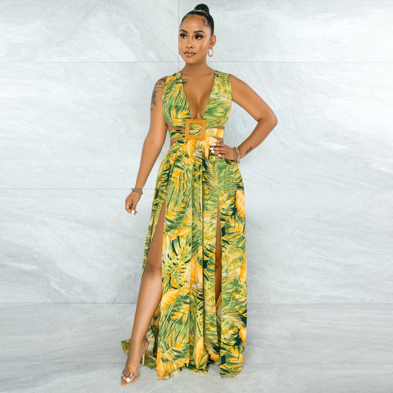 Printed Sexy Sling Dress Long Skirt Women Irregular Skirt - melvincucci