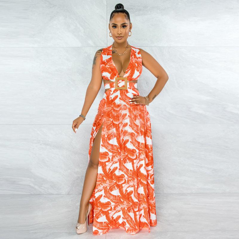 Printed Sexy Sling Dress Long Skirt Women Irregular Skirt - melvincucci