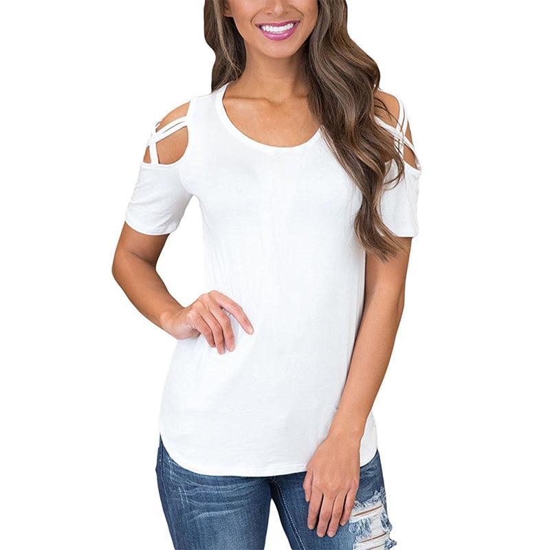 Printed Strapless T-shirt Ladies Short-sleeved T-shirt Hollow Top Women - melvincucci