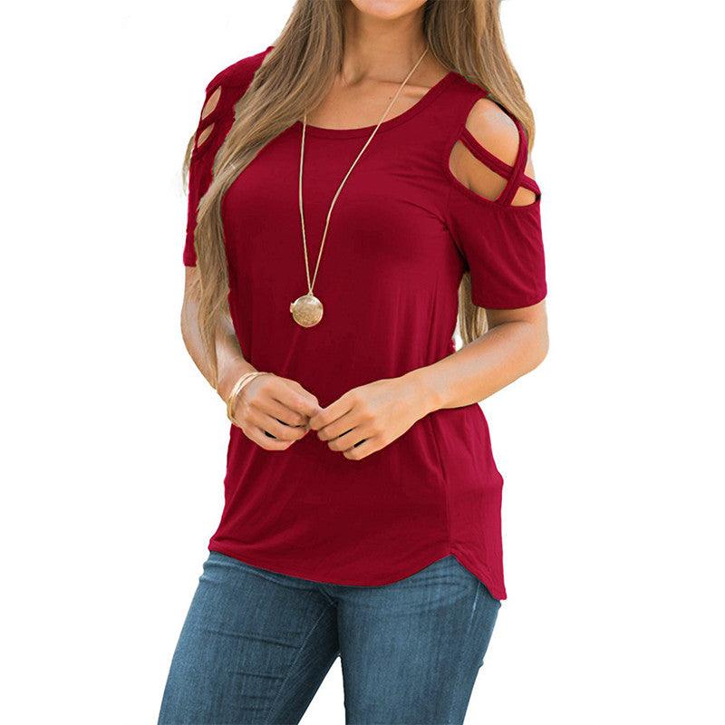 Printed Strapless T-shirt Ladies Short-sleeved T-shirt Hollow Top Women - melvincucci