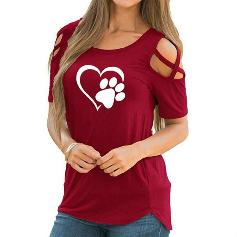 Printed Strapless T-shirt Ladies Short-sleeved T-shirt Hollow Top Women - melvincucci