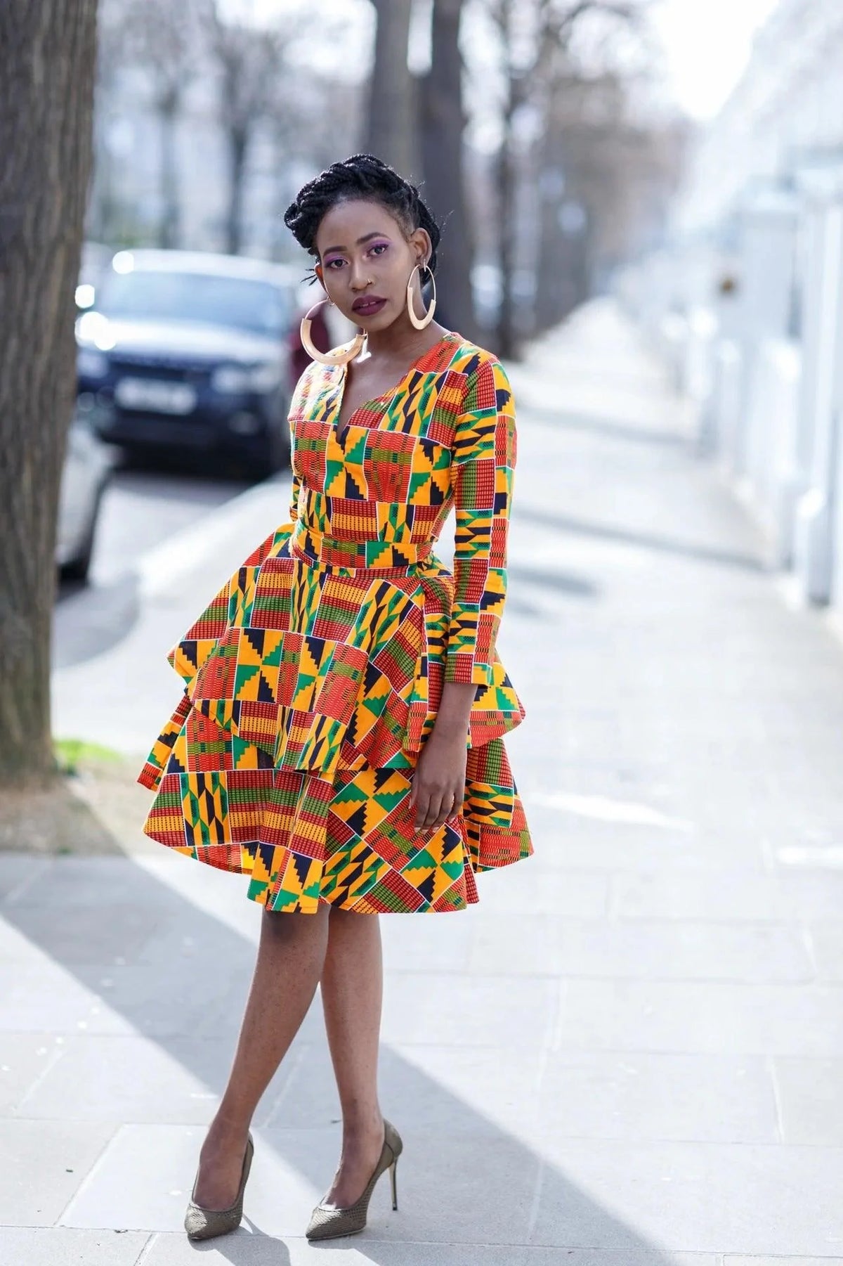 Printed Women's Dress V-neck Belt Three-Quarter Sleeve Fashion Cake Dress African Style Skirt - melvincucci