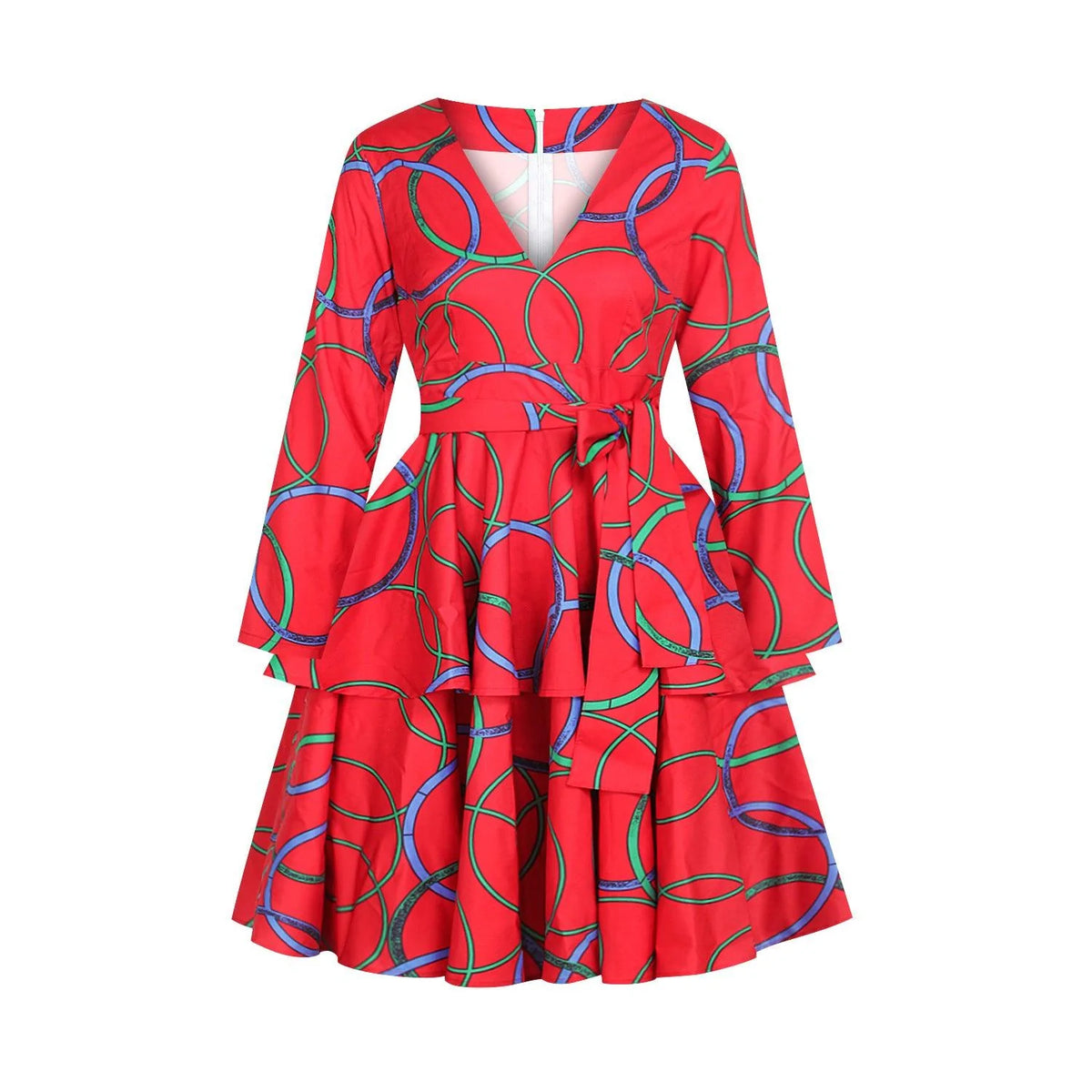 Printed Women's Dress V-neck Belt Three-Quarter Sleeve Fashion Cake Dress African Style Skirt - melvincucci