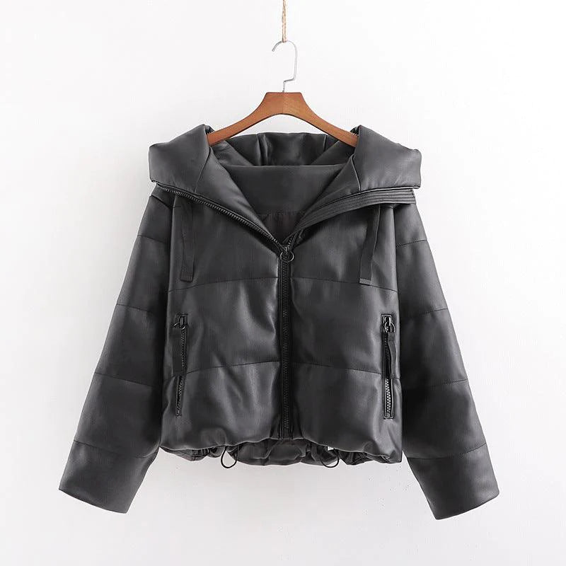 PU Leather Parkas Hooded Faux Leather Coats - melvincucci