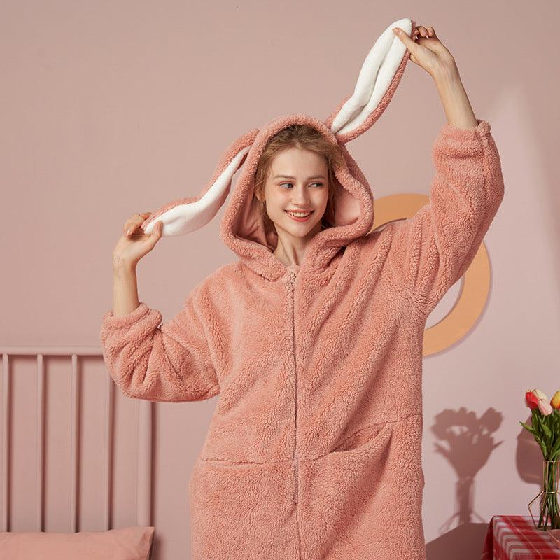 Rabbit Ear Pajamas Ladies One-piece Suit Warm Cartoon Hooded Coral Velvet Home Service Pajamas - melvincucci
