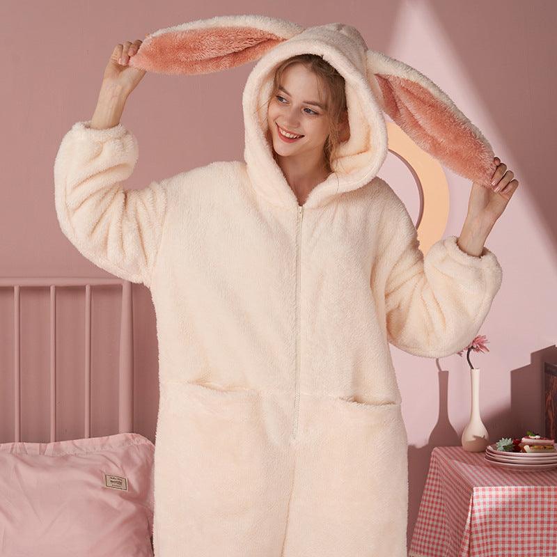 Rabbit Ear Pajamas Ladies One-piece Suit Warm Cartoon Hooded Coral Velvet Home Service Pajamas - melvincucci