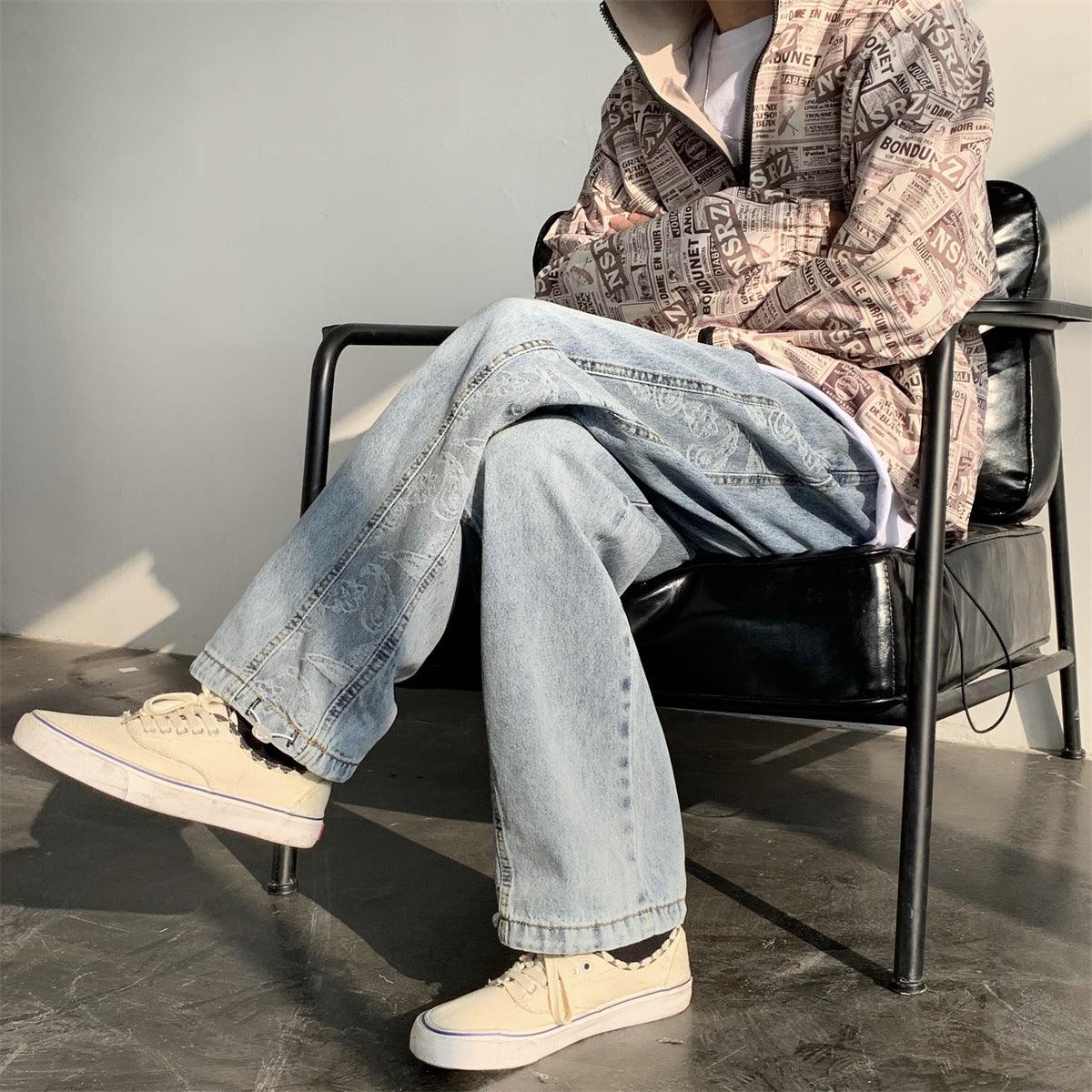 Retro Jeans Ins Men and Women Stitching Cashew Jacquard Loose Wide-leg Straight Pants Drawstring Trousers Tide - melvincucci