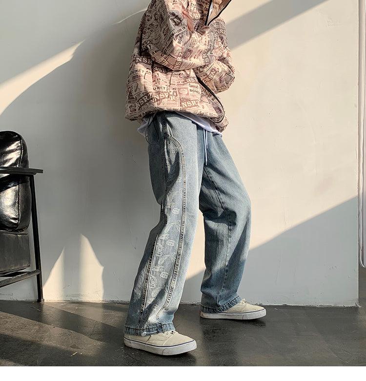 Retro Jeans Ins Men and Women Stitching Cashew Jacquard Loose Wide-leg Straight Pants Drawstring Trousers Tide - melvincucci