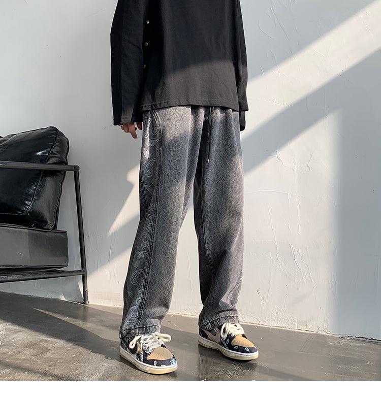 Retro Jeans Ins Men and Women Stitching Cashew Jacquard Loose Wide-leg Straight Pants Drawstring Trousers Tide - melvincucci