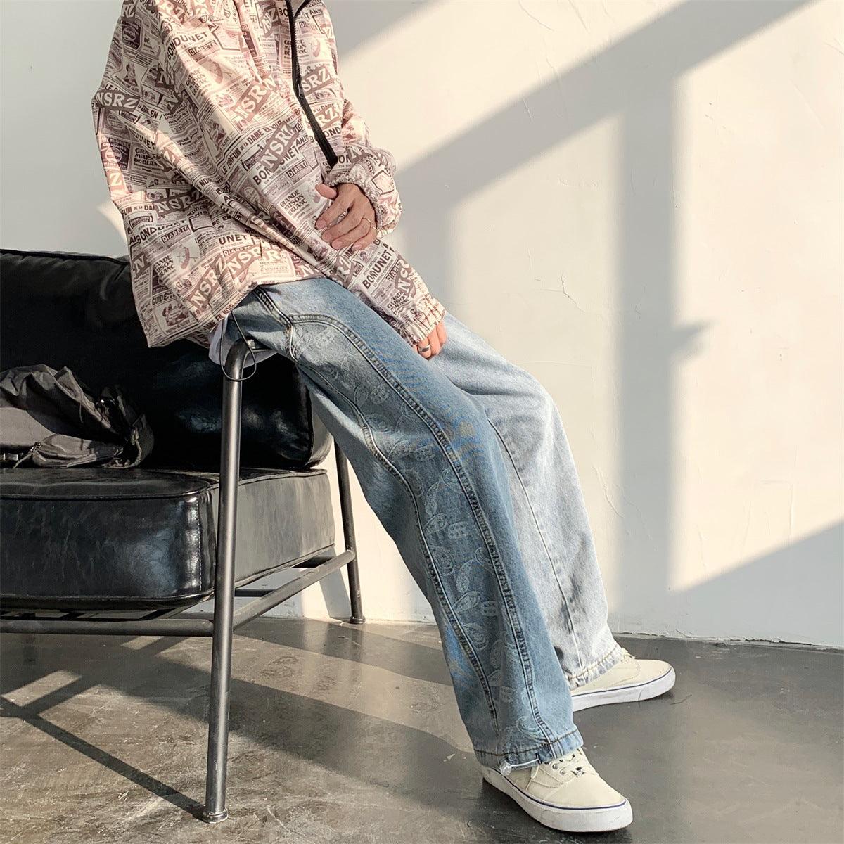 Retro Jeans Ins Men and Women Stitching Cashew Jacquard Loose Wide-leg Straight Pants Drawstring Trousers Tide - melvincucci