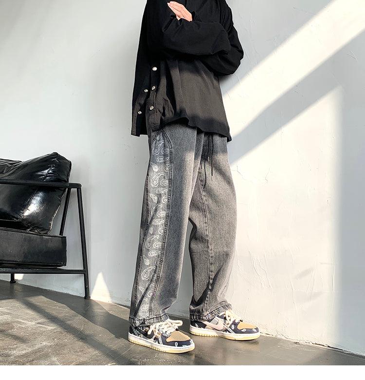 Retro Jeans Ins Men and Women Stitching Cashew Jacquard Loose Wide-leg Straight Pants Drawstring Trousers Tide - melvincucci