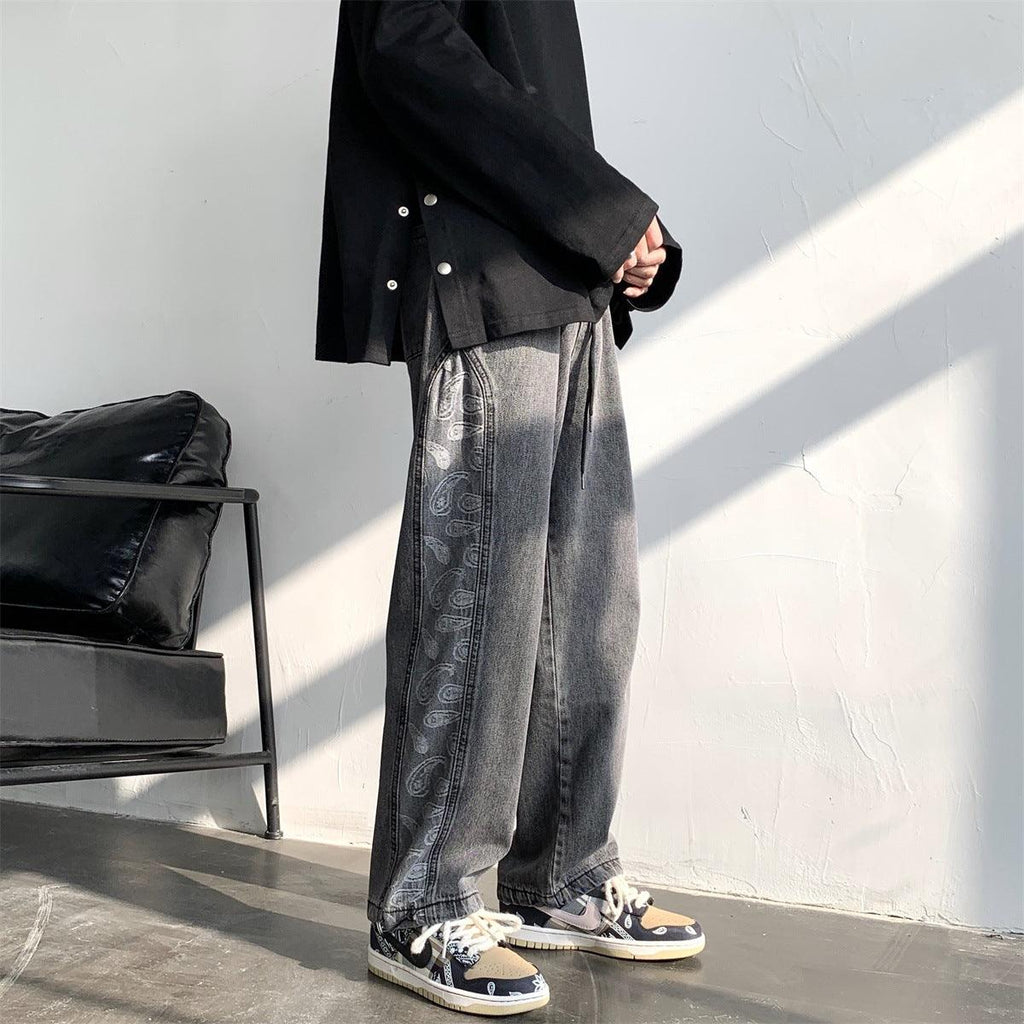 Retro Jeans Ins Men and Women Stitching Cashew Jacquard Loose Wide-leg Straight Pants Drawstring Trousers Tide - melvincucci