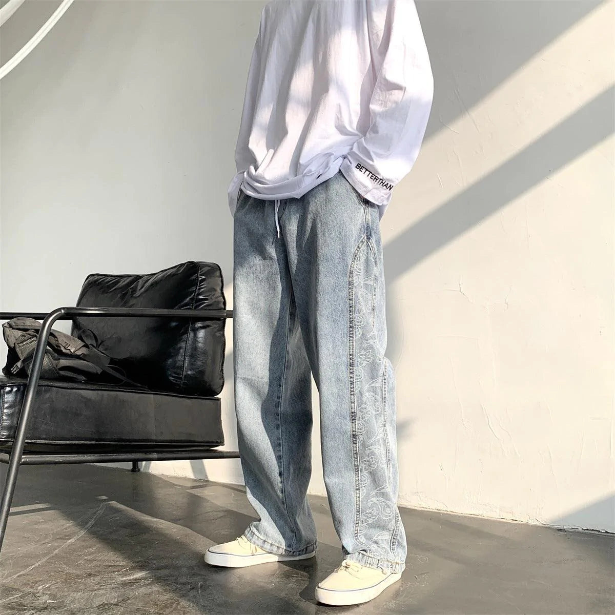 Retro Jeans Ins Men and Women Stitching Cashew Jacquard Loose Wide-leg Straight Pants Drawstring Trousers Tide - melvincucci