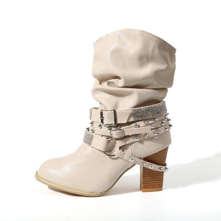 Rhinestone Belt Buckle Women Round Toe Sleeve Women Leather Boots - melvincucci