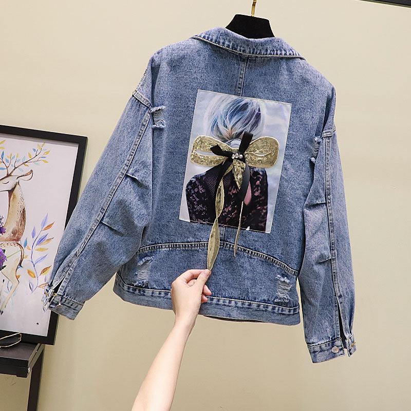 Ripped Sequined Denim Jacket Women Jacket Top - melvincucci