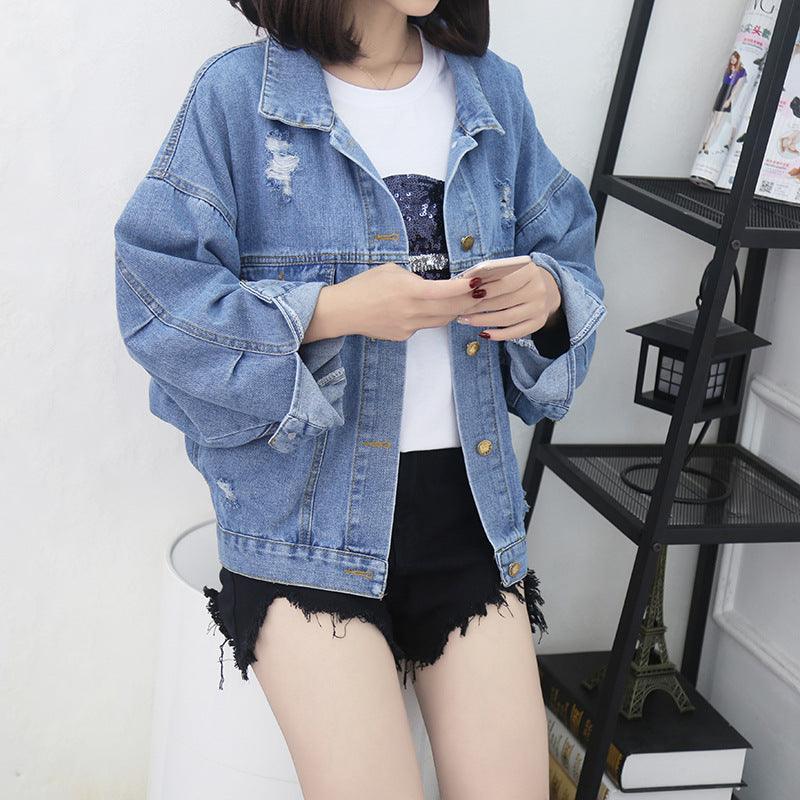 Ripped Sequined Denim Jacket Women Jacket Top - melvincucci