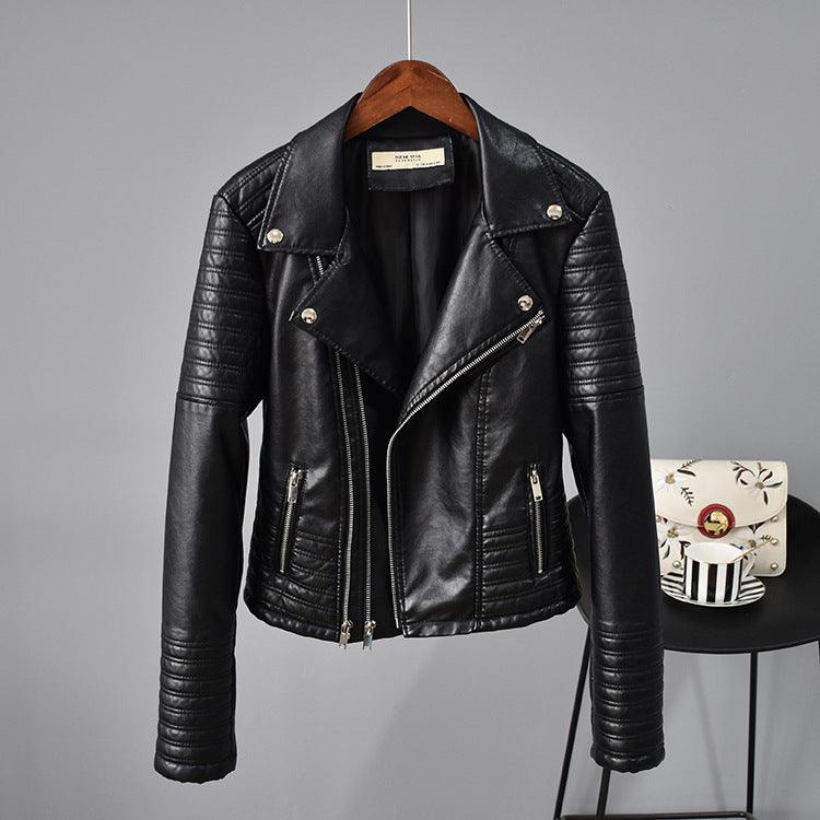 Rivet Suit Collar Women Washed PU Leather Jacket - melvincucci