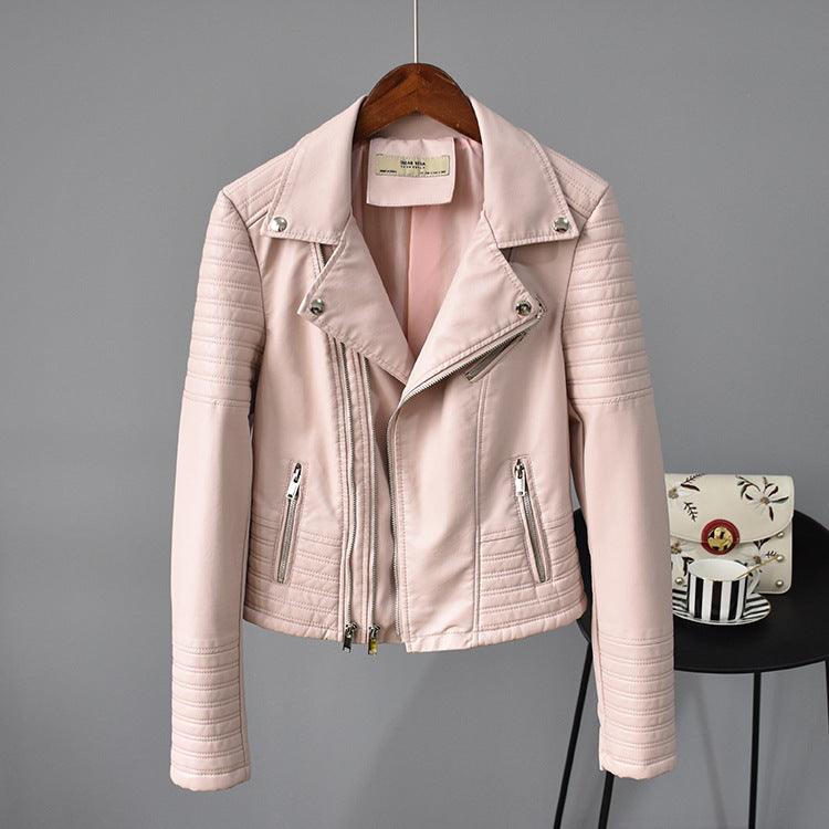 Rivet Suit Collar Women Washed PU Leather Jacket - melvincucci