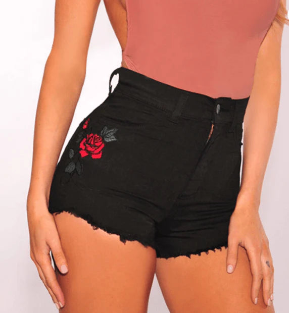 Rose Flower Embroidery Women Denim Shorts Jeans - melvincucci