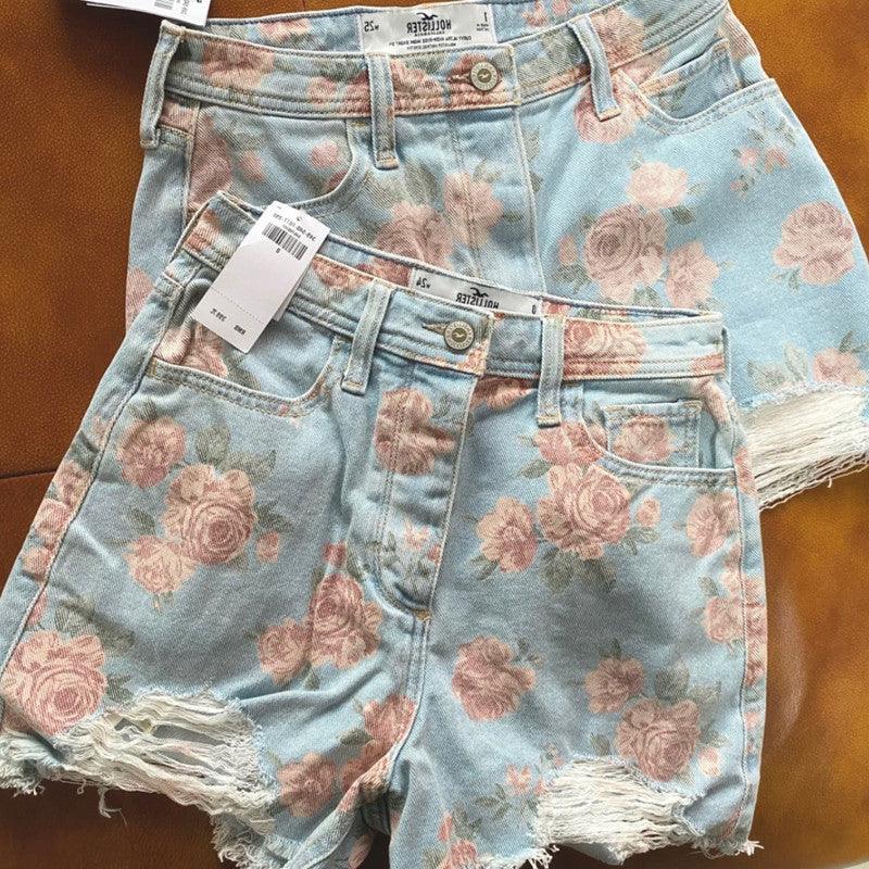 Rose Flower Print High Waist Wide Leg Denim Shorts Women - melvincucci