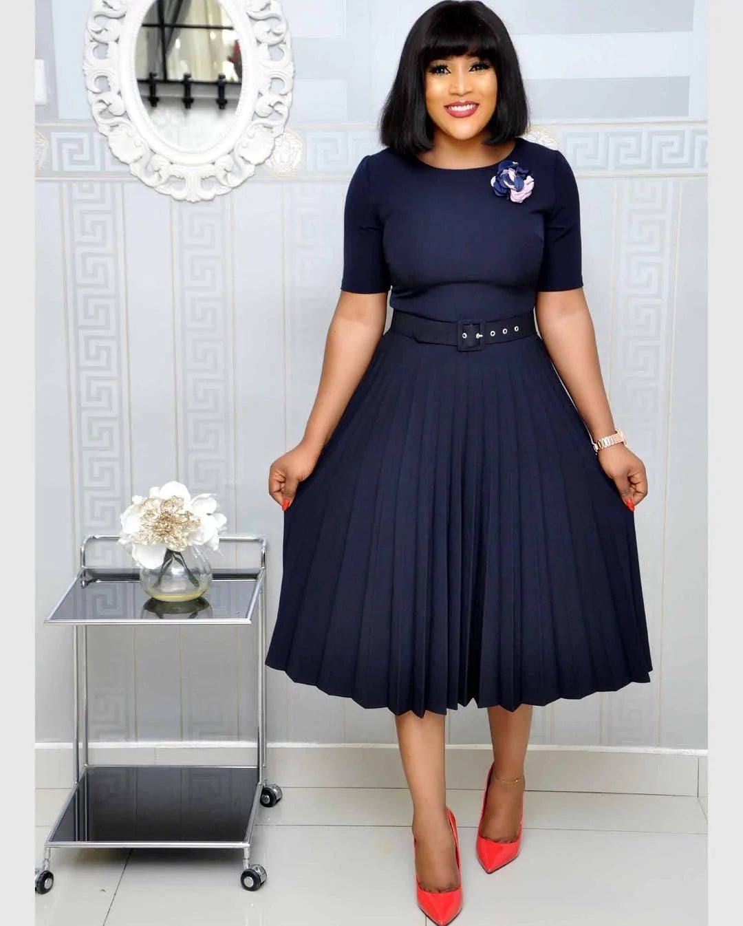 Round Neck Plus Size Mother's Dress Female Pleated Dress - melvincucci