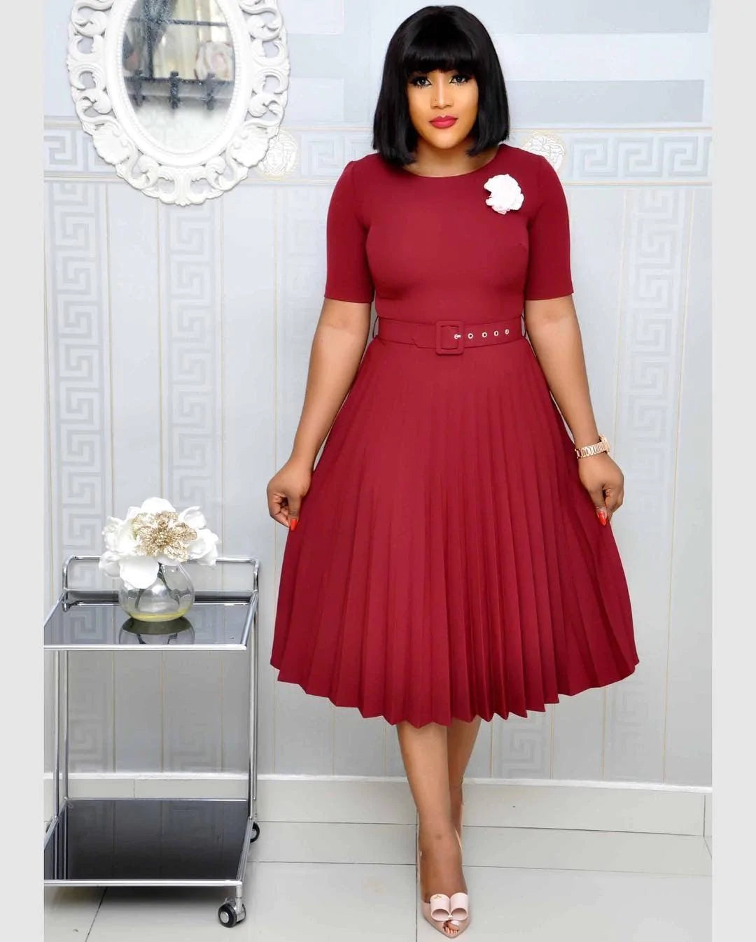 Round Neck Plus Size Mother's Dress Female Pleated Dress - melvincucci