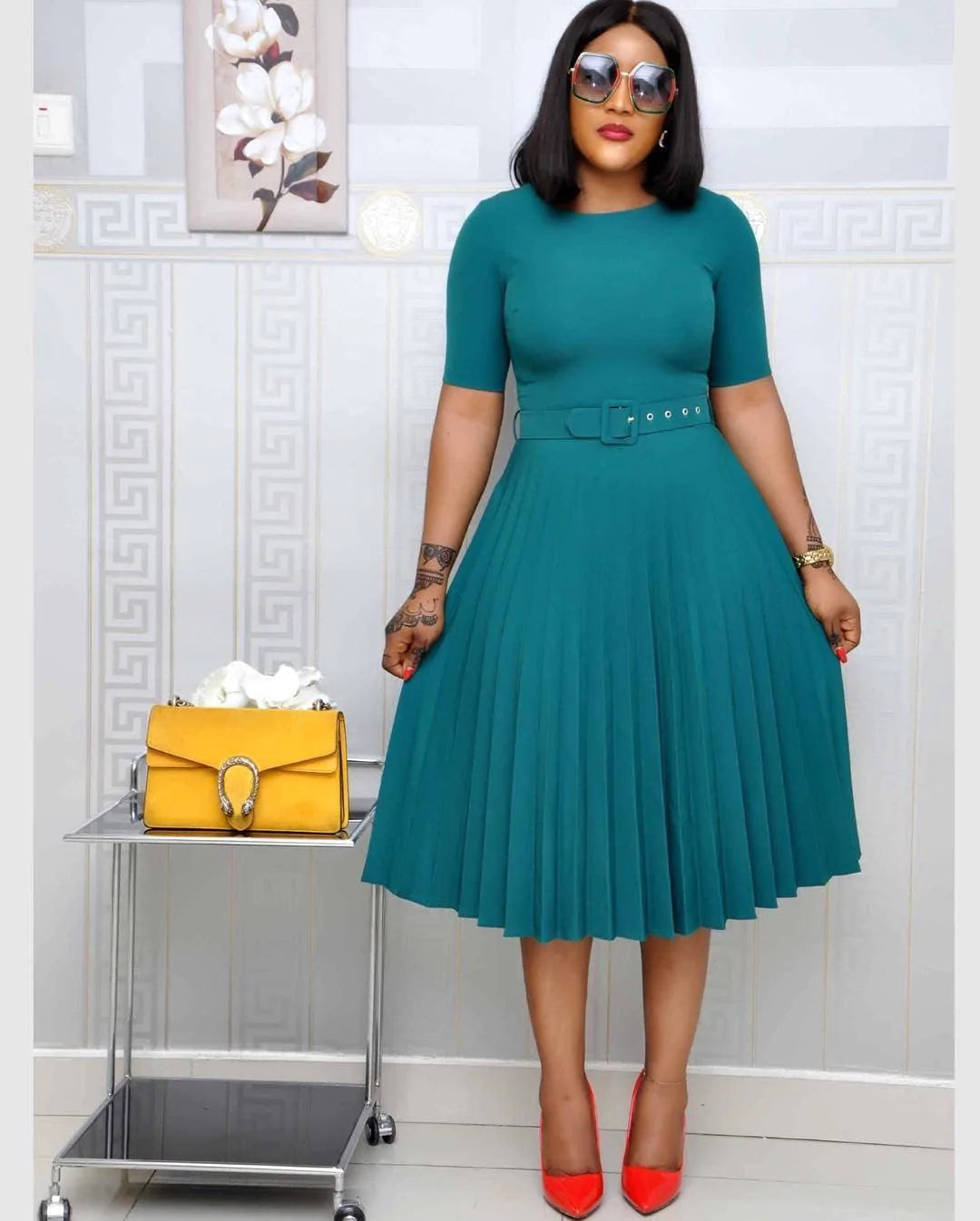 Round Neck Plus Size Mother's Dress Female Pleated Dress - melvincucci