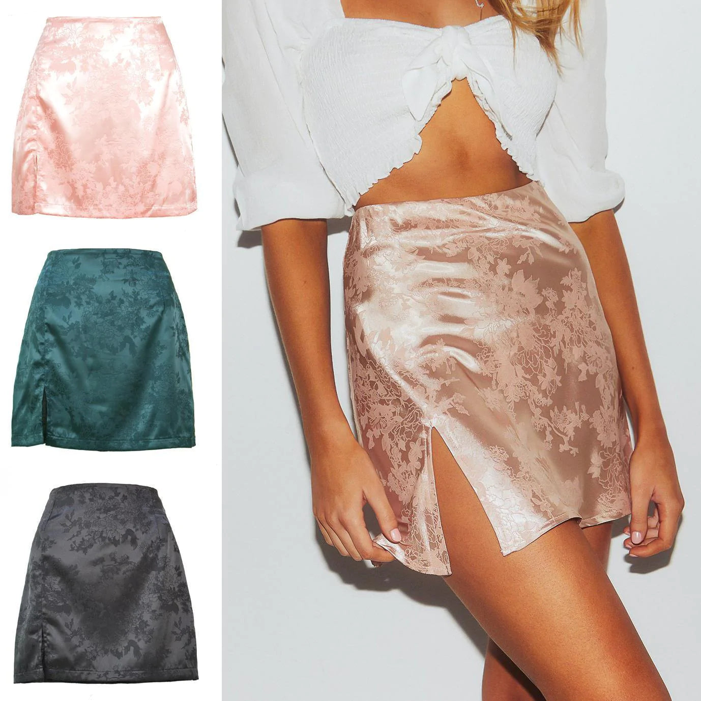 Satin high waist zipper slit skirt women - melvincucci