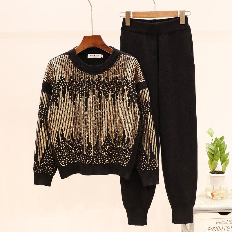 Sequined Beaded Long Sleeve Knitwear Casual Pants Set - melvincucci