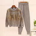 Sequined Beaded Long Sleeve Knitwear Casual Pants Set - melvincucci