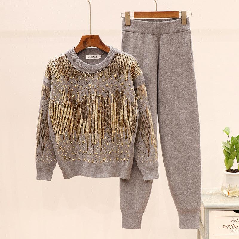 Sequined Beaded Long Sleeve Knitwear Casual Pants Set - melvincucci