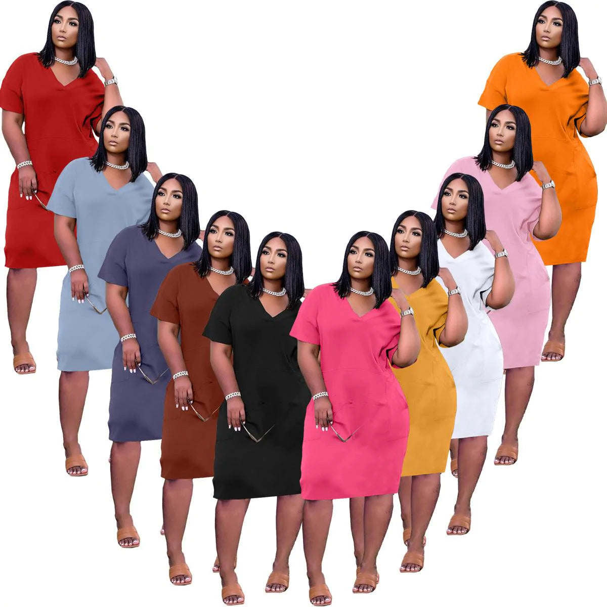 Sexy Loose Color V-neck Casual Dress With Pockets - melvincucci