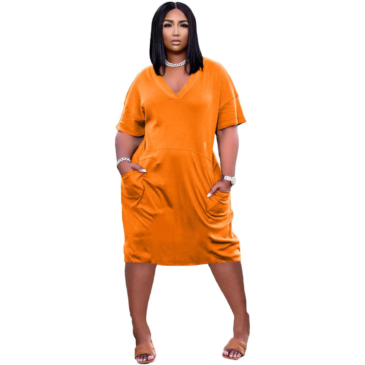 Sexy Loose Color V-neck Casual Dress With Pockets - melvincucci