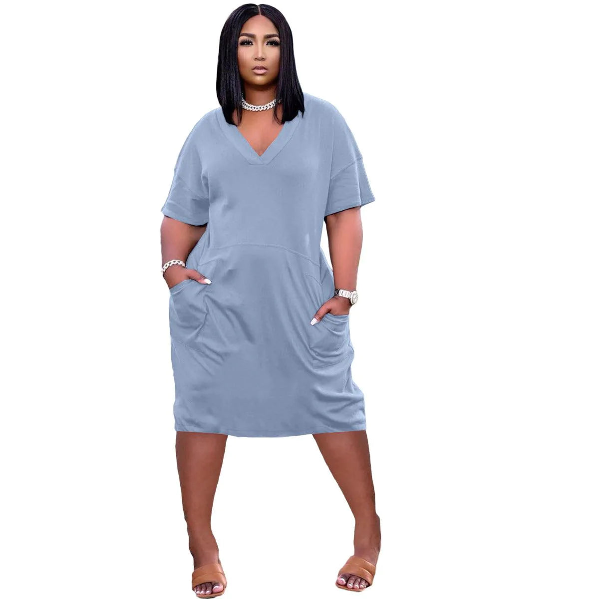 Sexy Loose Color V-neck Casual Dress With Pockets - melvincucci