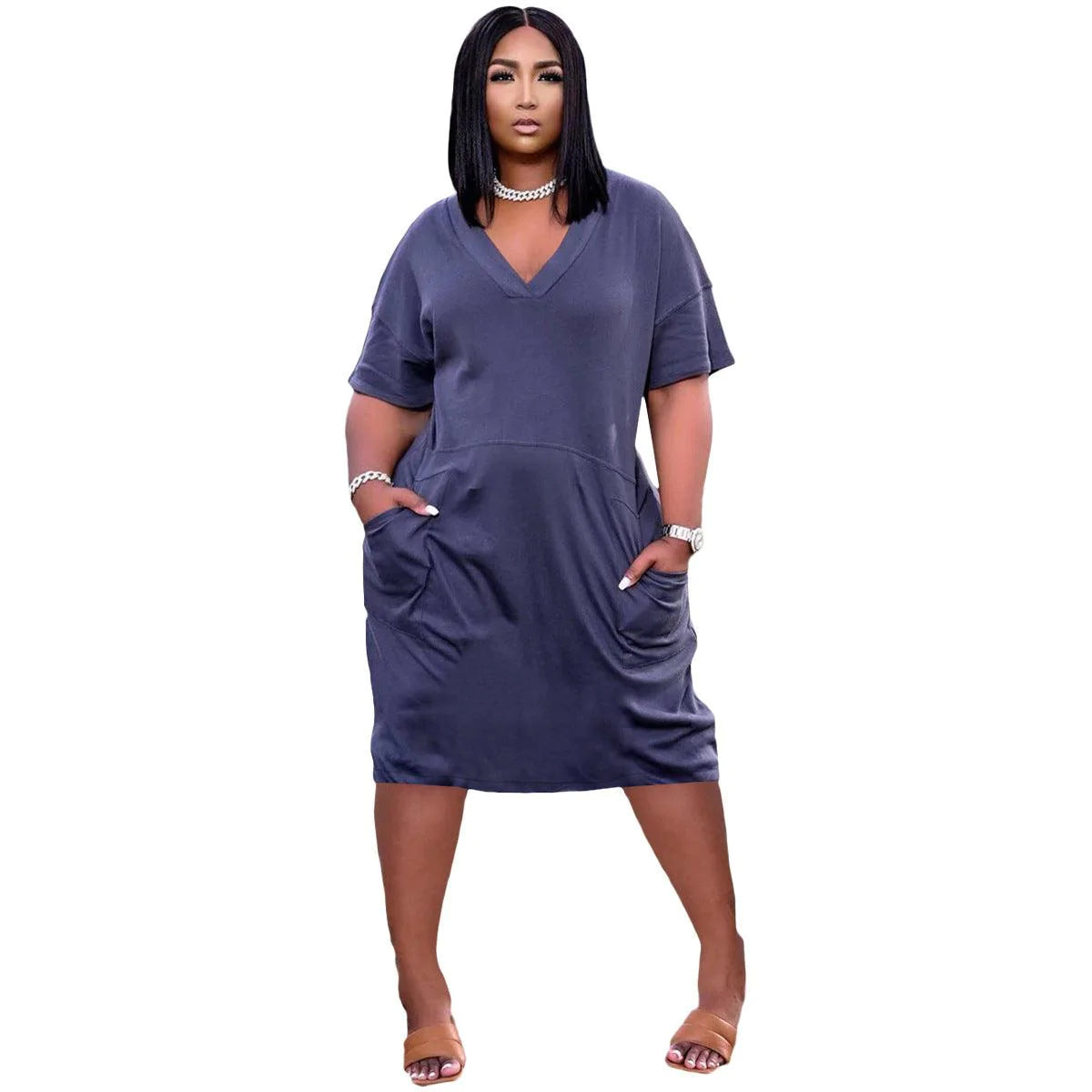 Sexy Loose Color V-neck Casual Dress With Pockets - melvincucci