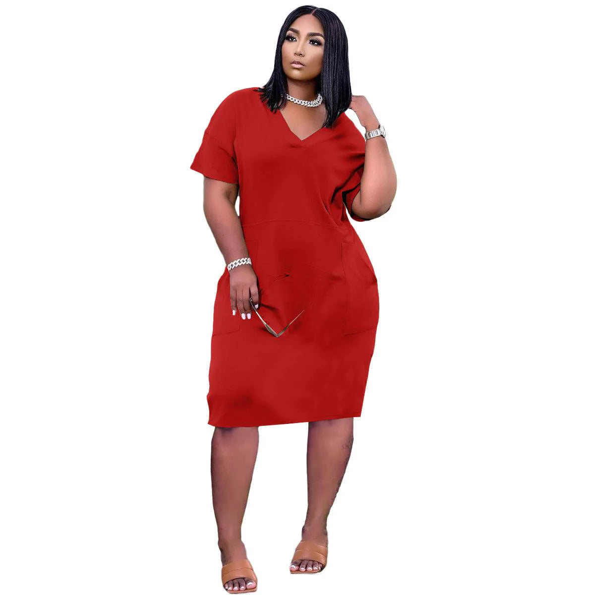 Sexy Loose Color V-neck Casual Dress With Pockets - melvincucci