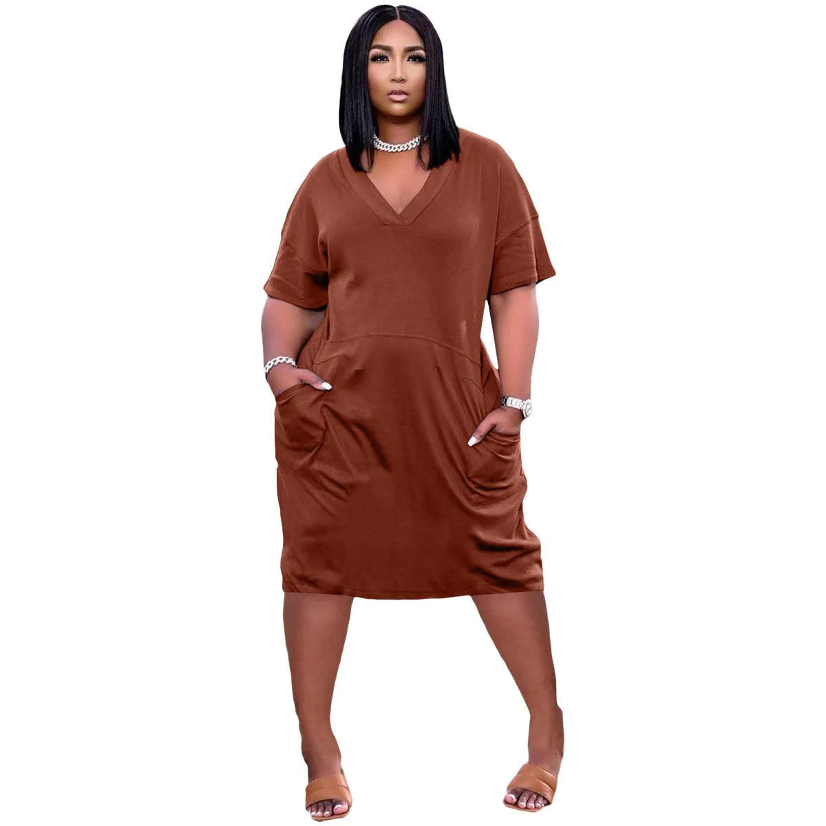 Sexy Loose Color V-neck Casual Dress With Pockets - melvincucci